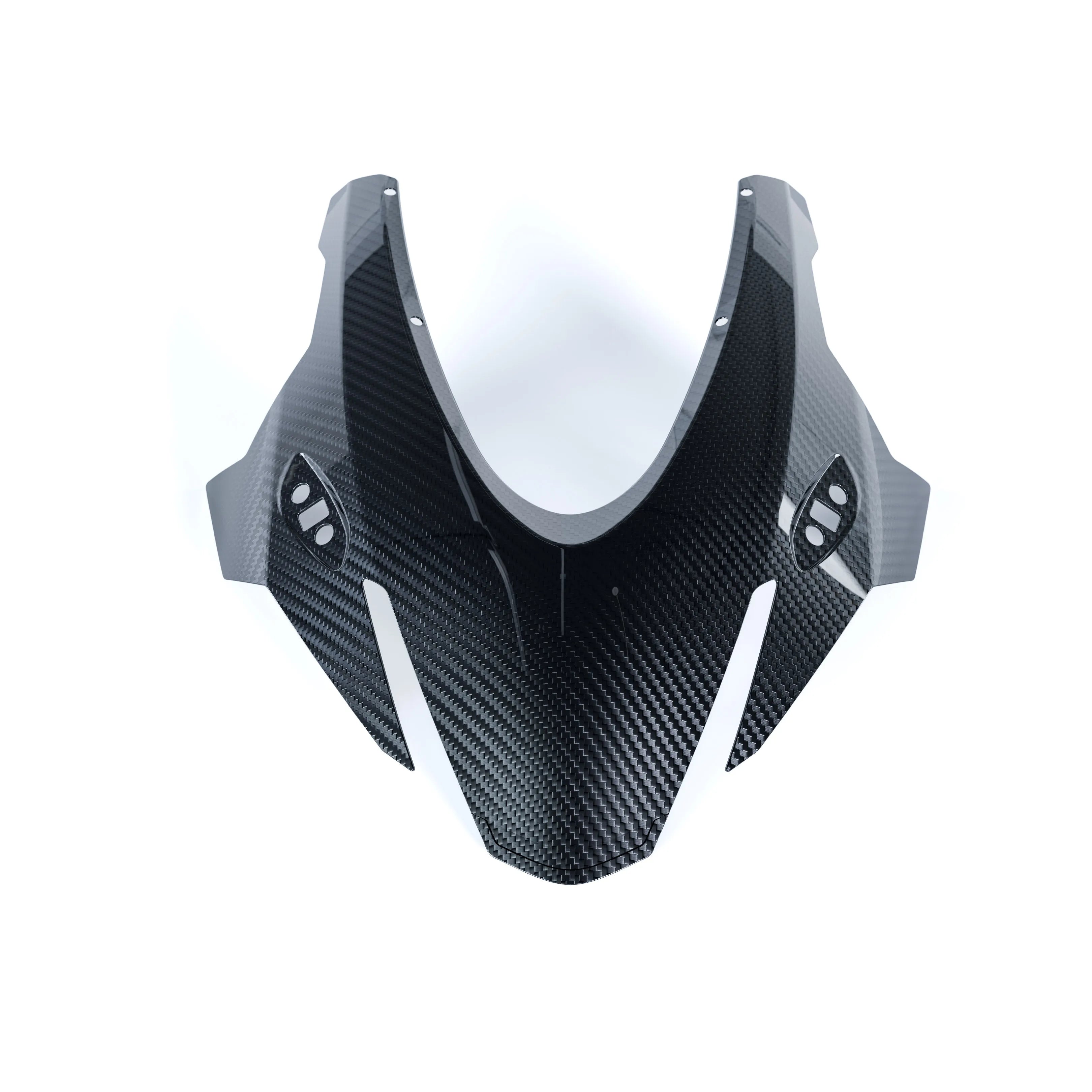 Aprilia RS660 2025+ gloss twill carbon fiber front fairing by RBM Works in 2x2 weave, symmetrical front-on view