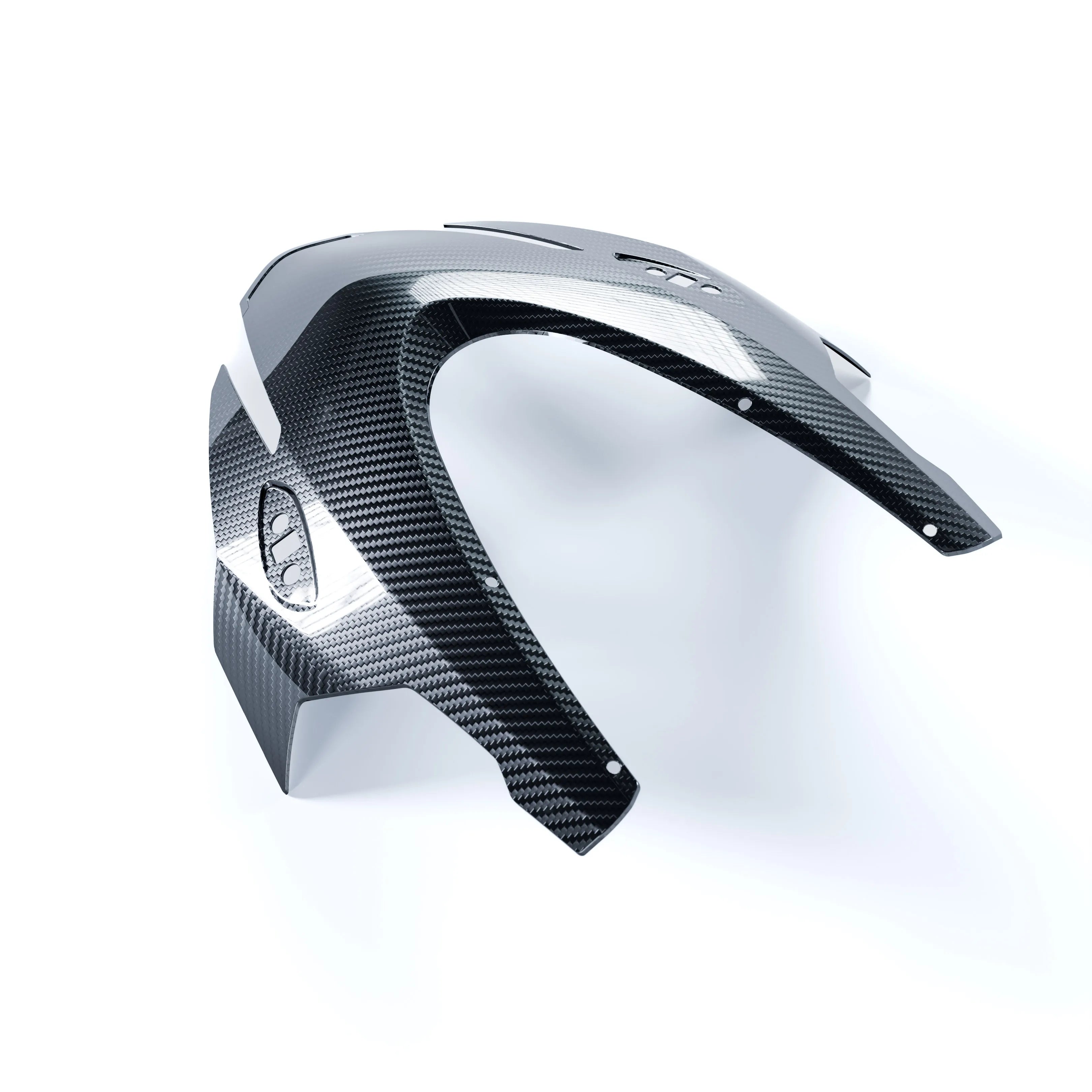 RBM gloss 2x2 twill carbon front fairing for Aprilia RS660 2025+, top angled view showing fairing curve and headlight opening