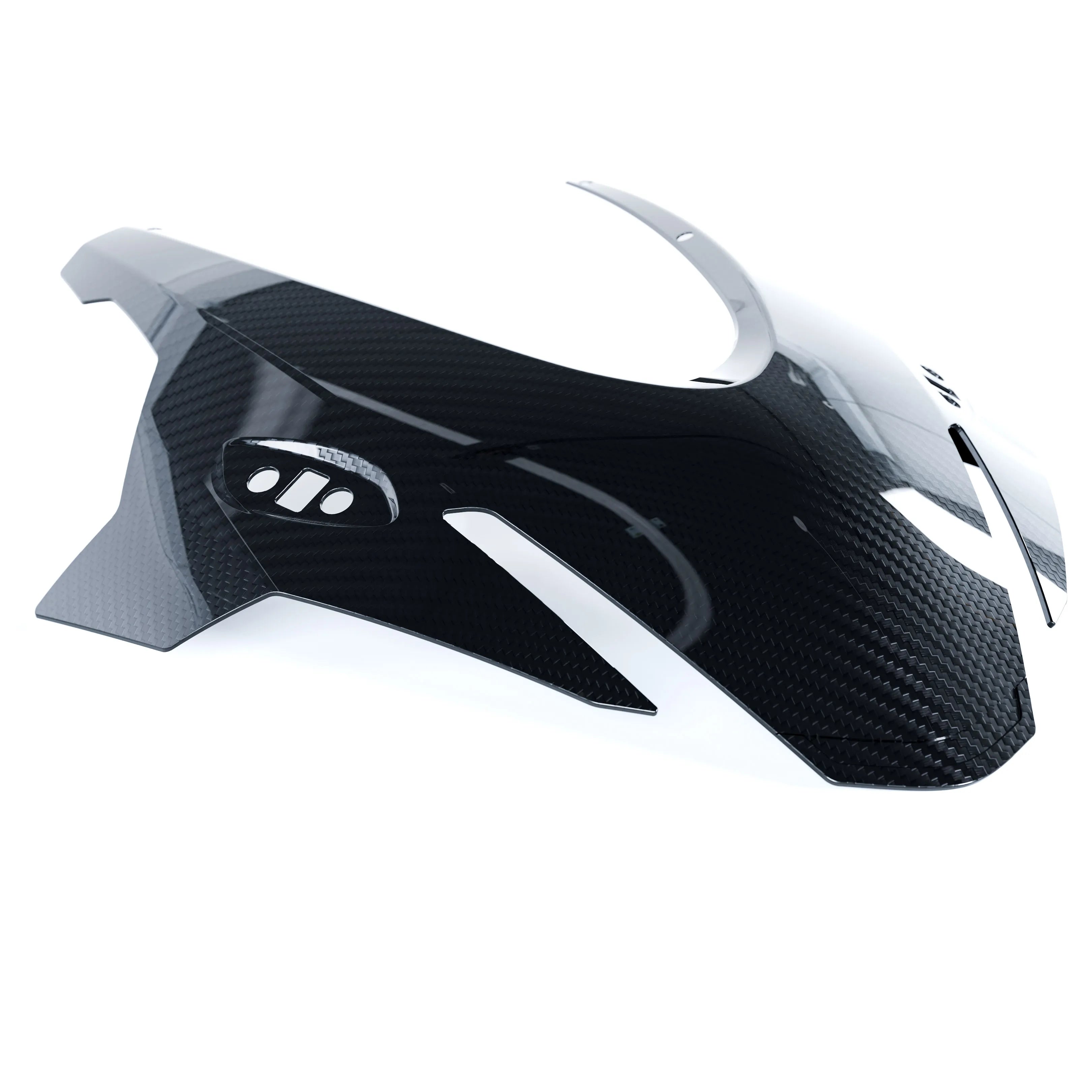 Top view of RBM 2x2 twill weave gloss carbon fiber front fairing for Aprilia RS660 2025+, showing OEM mounting points