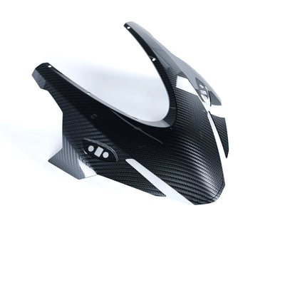 RBM 2x2 twill weave gloss carbon fiber front fairing for Aprilia RS660 2025+, front view showing OEM headlight cutout