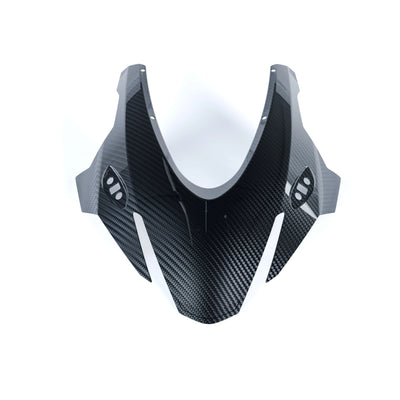 Aprilia RS660 2025+ gloss twill carbon fiber front fairing by RBM Works in 2x2 weave, symmetrical front-on view