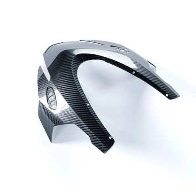 RBM gloss 2x2 twill carbon front fairing for Aprilia RS660 2025+, top angled view showing fairing curve and headlight opening