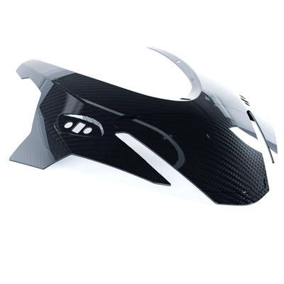 Top view of RBM 2x2 twill weave gloss carbon fiber front fairing for Aprilia RS660 2025+, showing OEM mounting points