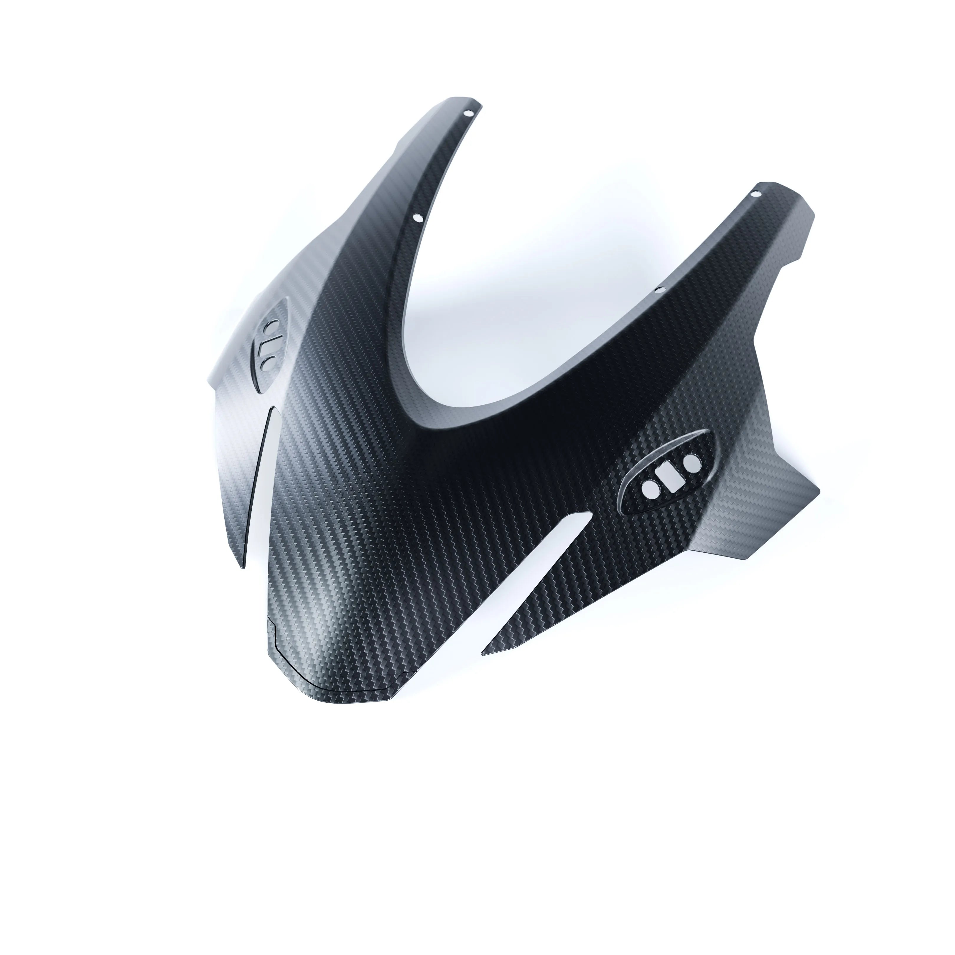RBM 2x2 twill weave matte carbon fiber front fairing for Aprilia RS660 2025+, front view showing OEM headlight cutout